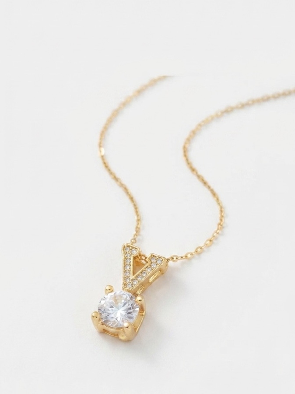 Gold V Initial Necklace with Clear Stone